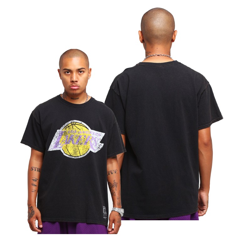 Men's Los Angeles Lakers NBA Logo Oversized Vintage Hardwood Classics Black Basketball T-Shirt BJH7683SK